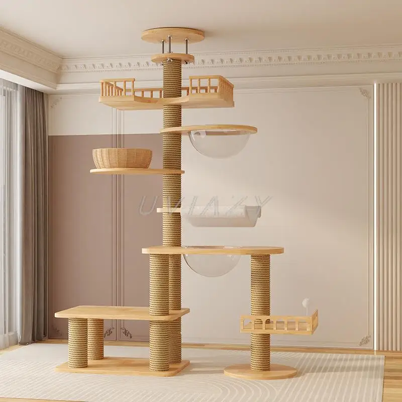 Multi-Level Floor-to-Ceiling Cat Tree Wood Climbing Frame Tree Scratching Sisal Pillar Jumping Platform Tower Height 250-270cm