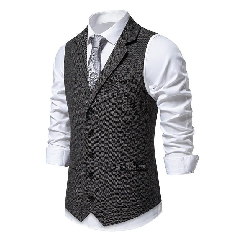 Autumn Men's Lapel Multi-Pockets Vest Fashion Herringbone Coarse Tweed Suit Vest British Casual Vintage Gentleman Leisure Party