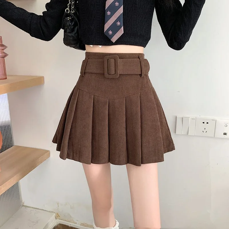 กระโปรงทรงเอเอวสูงผ้าลูกฟูกจีบพลีท  แฟชั่นฤดูใบไม้ร่วงและฤดูหนาว 2025  ทรงเข้ารูป  ความยาวครึ่งตัว  ทันสมัย  สำหรับสาวมั่น