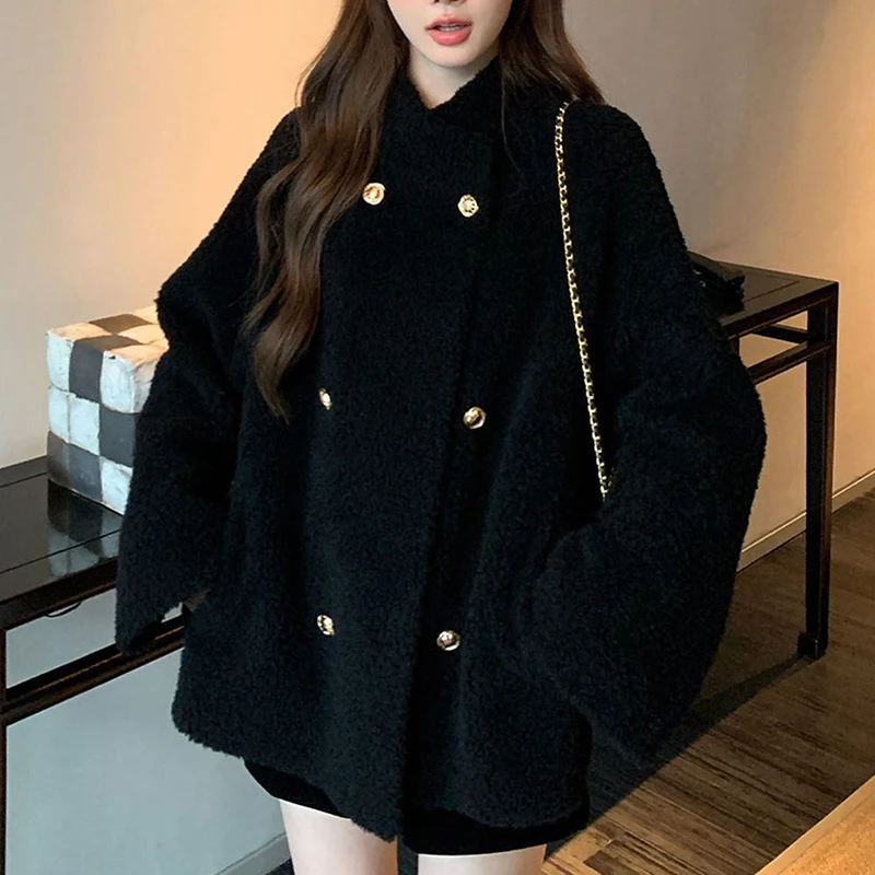 Fashion Faux Fur Coat Women Chic Stand Collar Double Breasted Warm Coat Winter Casual Loose Black Office Lady Outwear Tops New