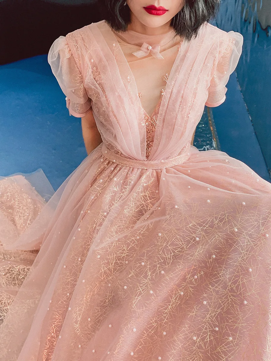 Summer Light Pink V-neck Evening Dress Party Etiquette Celebration Robe Dress Sexy Pearls A-line Tulle Gowns