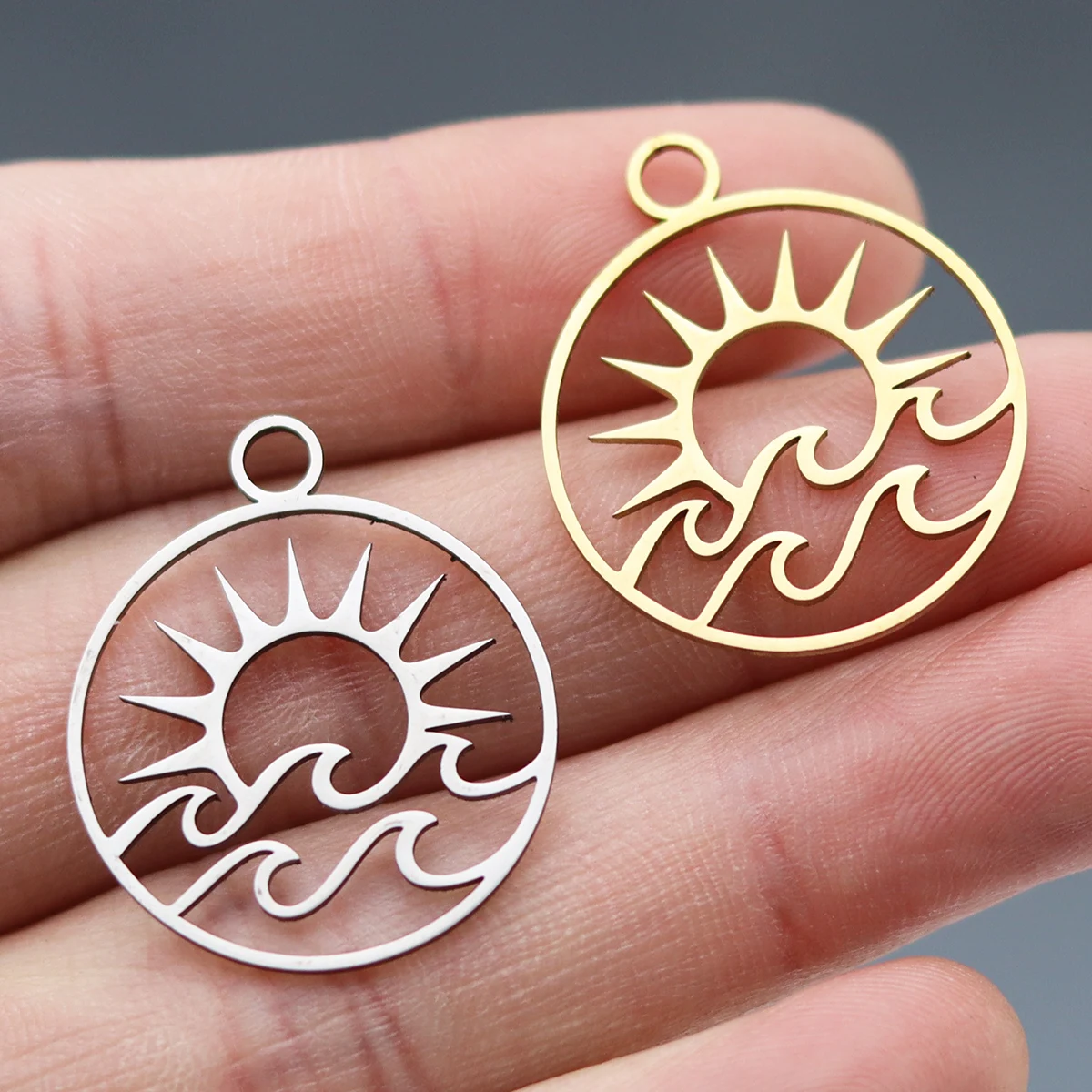 3pcs Fashion Metal Round Sunset Charms For Jewelry Making Stainless Steel Sun Waves Pendant DIY Necklace Accessories