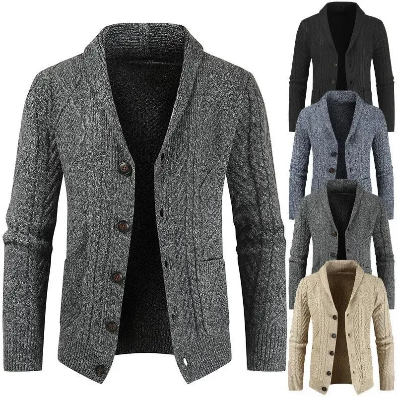 

Men's Casual Long Sleeve Shawl Collar Buttons Down Cable Knit Cardigan Sweater with Pockets