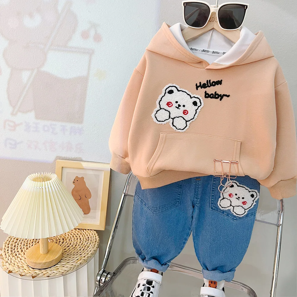 

Spring Kids Clothing Sets Baby Boys Cartoon Bear Hooded Hoodies Sweatshirt + Denim Pants Jeans Children's Girls Casual Clothes