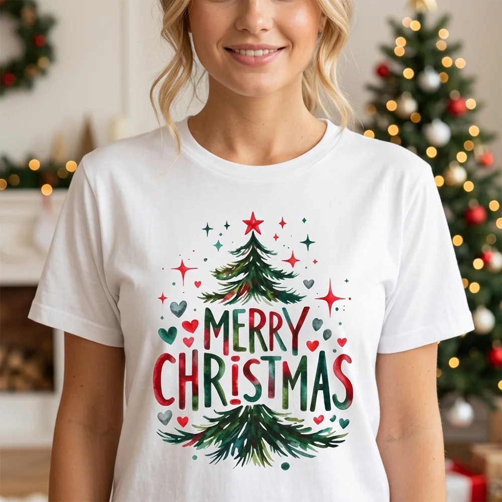 Women T Shirt Merry Christmas Tree Print Short Sleeve Cotton Summer Casual Loose Oversized Female Tops Clothes