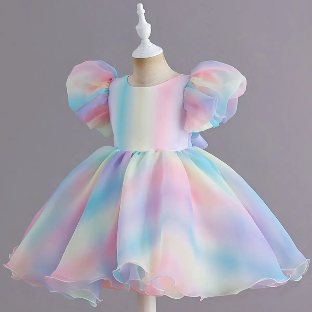 1 piece princess style mesh ruffles colorful fabric soft thin section bubble sleeve dresses for little kids girls