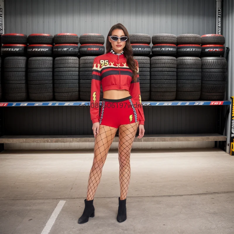 

Sexy Cool Women's Racing Model Costumes Cosplay Red Black Costume With Glasses Cheerleaders Outfits Racer Girl Uniform