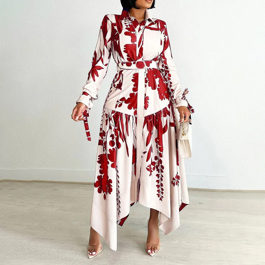 Autumn Fashion Print Irregular A-line Dress Women Elegant OL Lapel Button Long Sleeve Belt A-line Dress Women