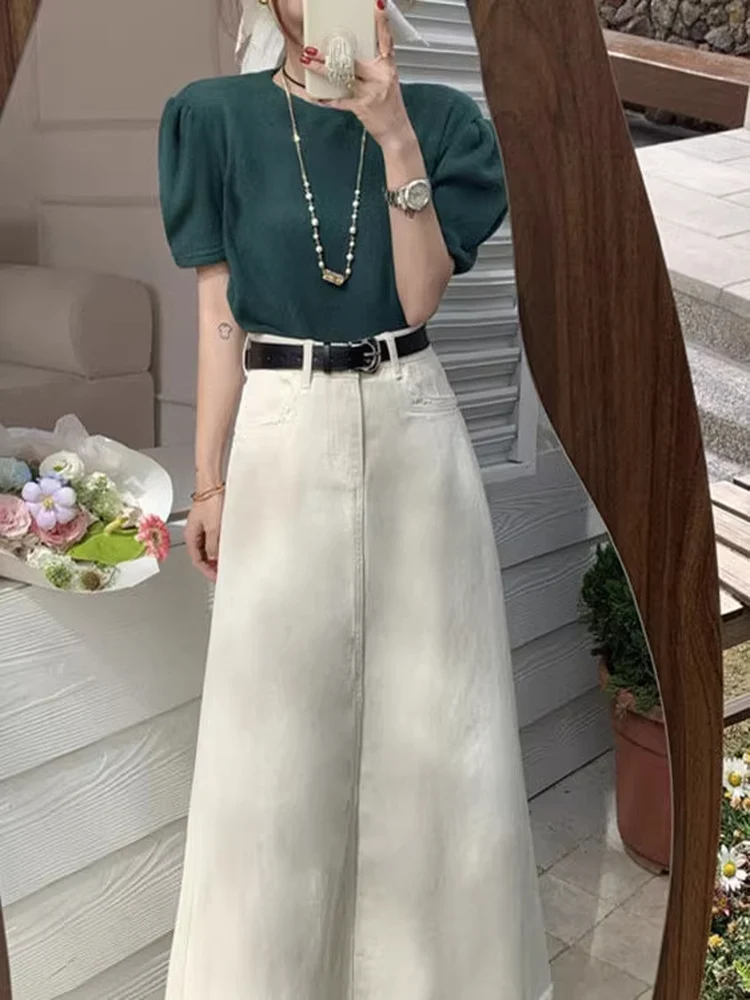 

Новая женская летняя джинсовая юбка А-силуэта средней длины с высокой талией, из смесового хлопка, с необработанным краем, для похудения