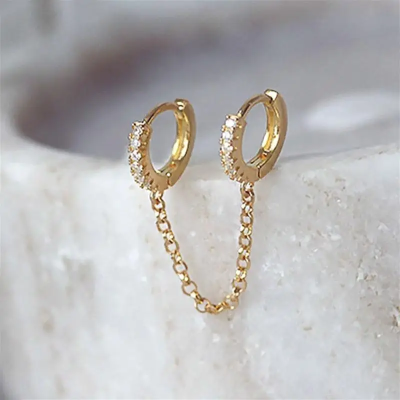 C1FE Two Holes Connecting Earrings Piercing Chain Hoop Earrings Huggie Wrap with Chain Dainty Earrings Jewelry for Women Girl