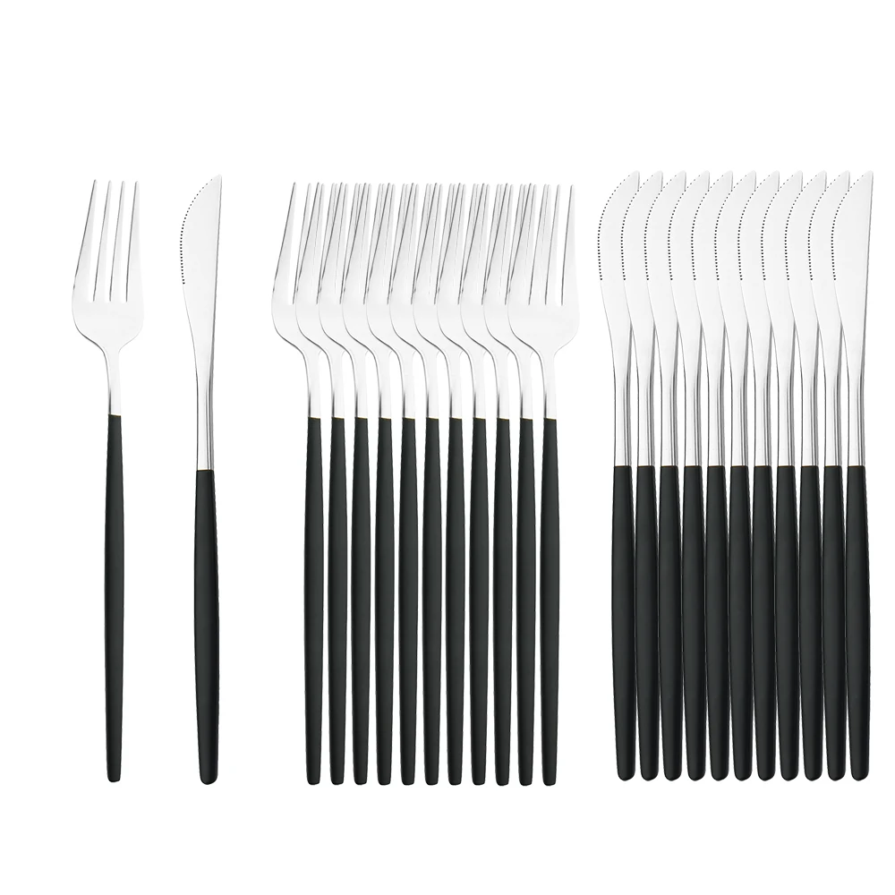 

24Pcs/Set Silver Dinnerware Stainless Steel Knives Forks Set Tableware Kitchen Cutlery Set Home Western Mirror Fork Flatware