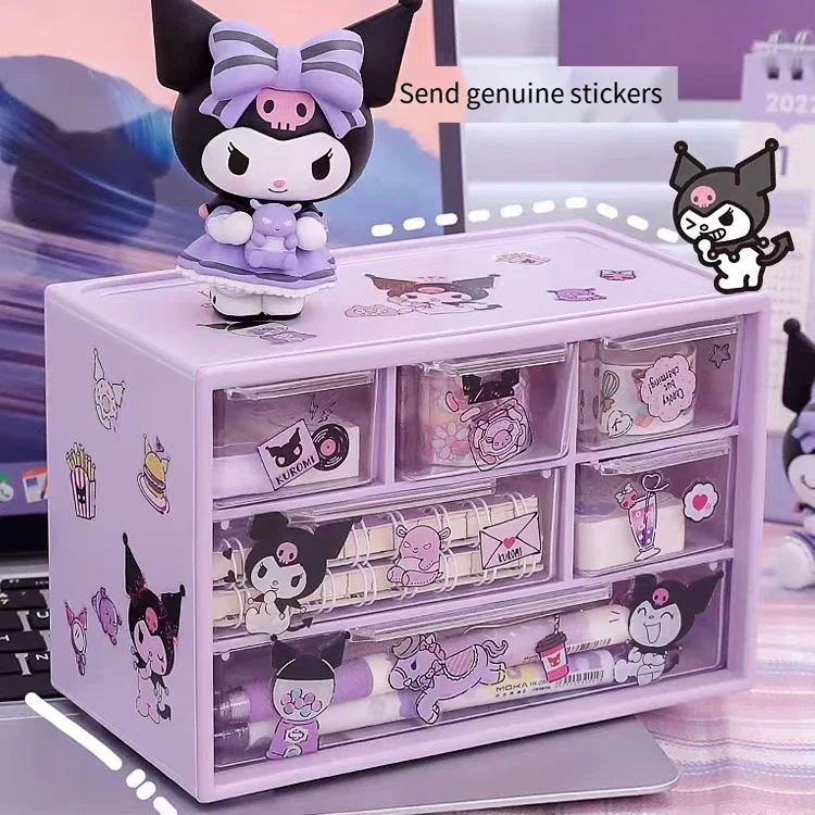 Kawaii Sanrio Series Transparent Storage Box 6 Grid Kuromi Cinnamoroll Melody Desktop Drawers Organizer Accessories Stickers