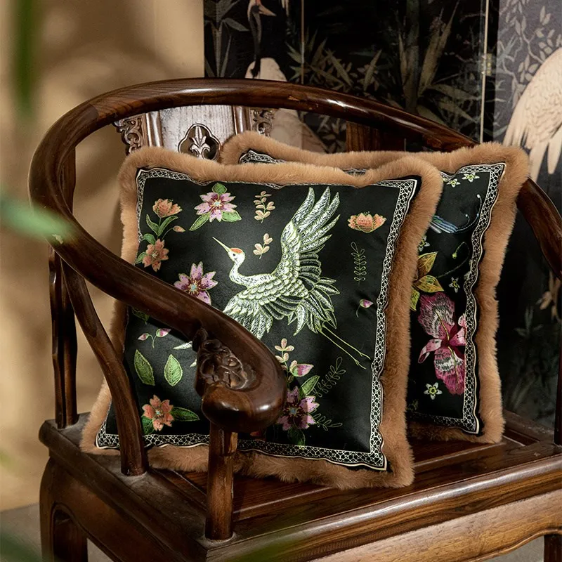 Luxury  retro Black velvet pillowcase sofa flower crane cushion cover for backrest pillow cover