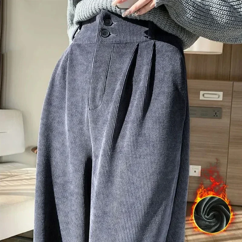 Trendy Women Korean High Street Wide Leg Trouser Autumn/winter Thick Warm Women's Pant Fashion Corduroy Loose Button Trouser