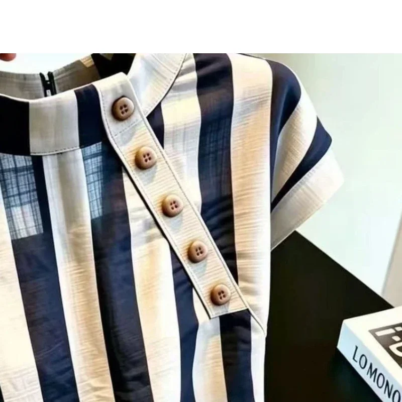 Customization Short Sleeve Button Patchwork Contrast Striped Vintage Shirt Tops Summer All-match Elegant Blouse Office Fashion view 4