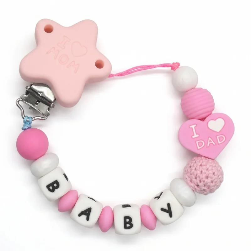 Personalized Baby Pacifier Clip Custom Name Dummy Chain Silicone Teether Holder BPA Free I Love Mom Newborn Shower Gift image 3