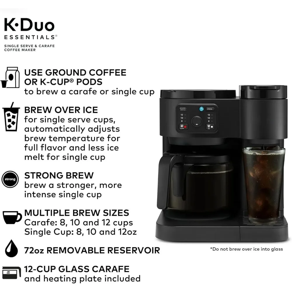 ماكينة صنع القهوة K-Duo Essentials للمشروبات الساخنة والمثلجة، ماكينة تحضير القهوة KCup Pod، وعاء قهوة بالتنقيط سعة 12 كوبًا، 72 أونصة وات