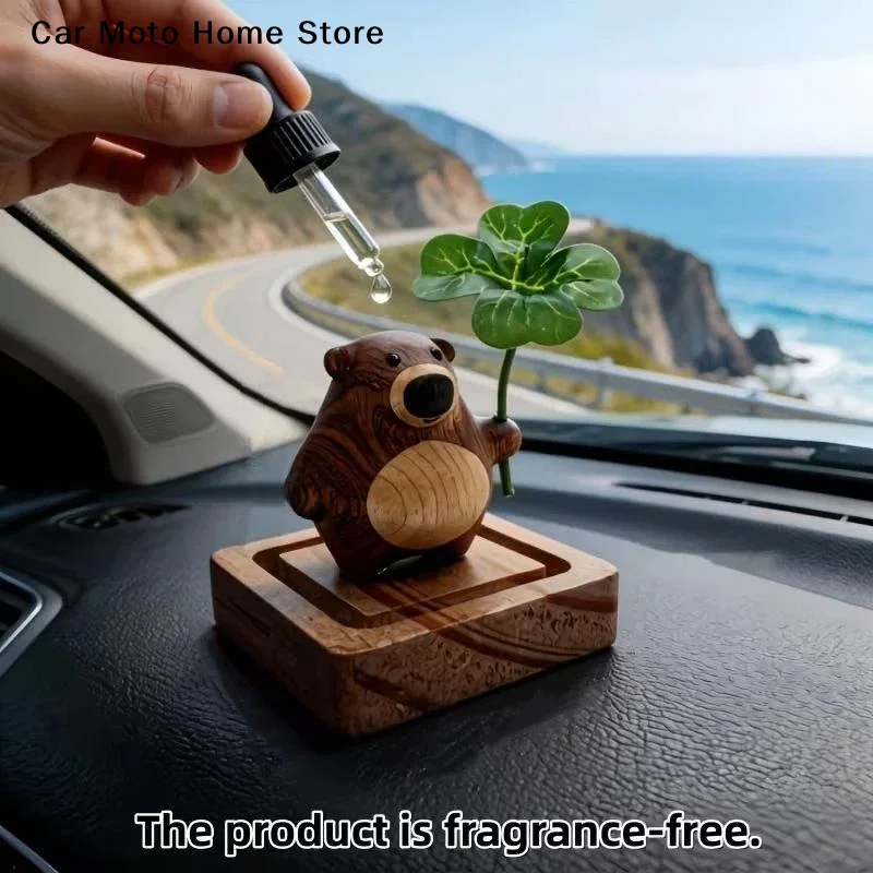 

Four-Leaf Clover 3D Bear Diffuser Wood Car Interior Aromatherapy Ornament Essential Oil Diffuser Home Decor "No Scent Source"