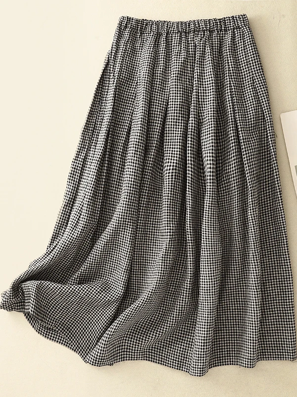 Retro geruite midi-rok dames zomer mooie losse slanke hoge taille gedrapeerde a-lijn paraplurok katoen 70% andere 30%