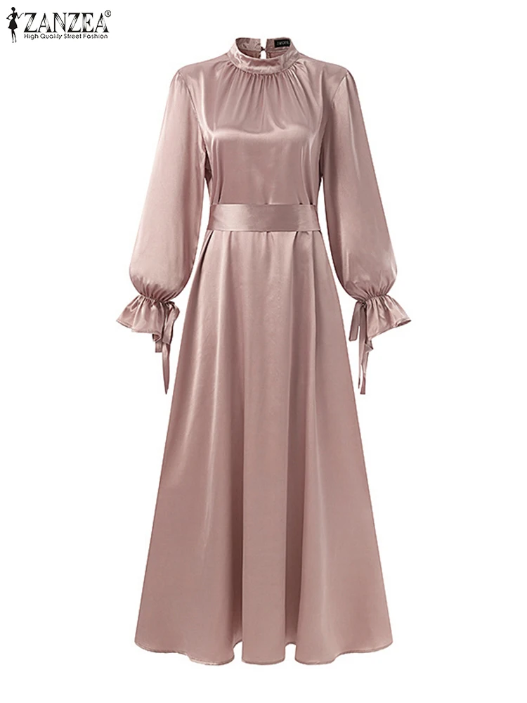 ZANZEA Muslim Fashion Satin Long Dresses Women Elegant Cinched Waist Long Sleeve Hijab Islamic Abaya Robes 2024 Autumn Vestidos