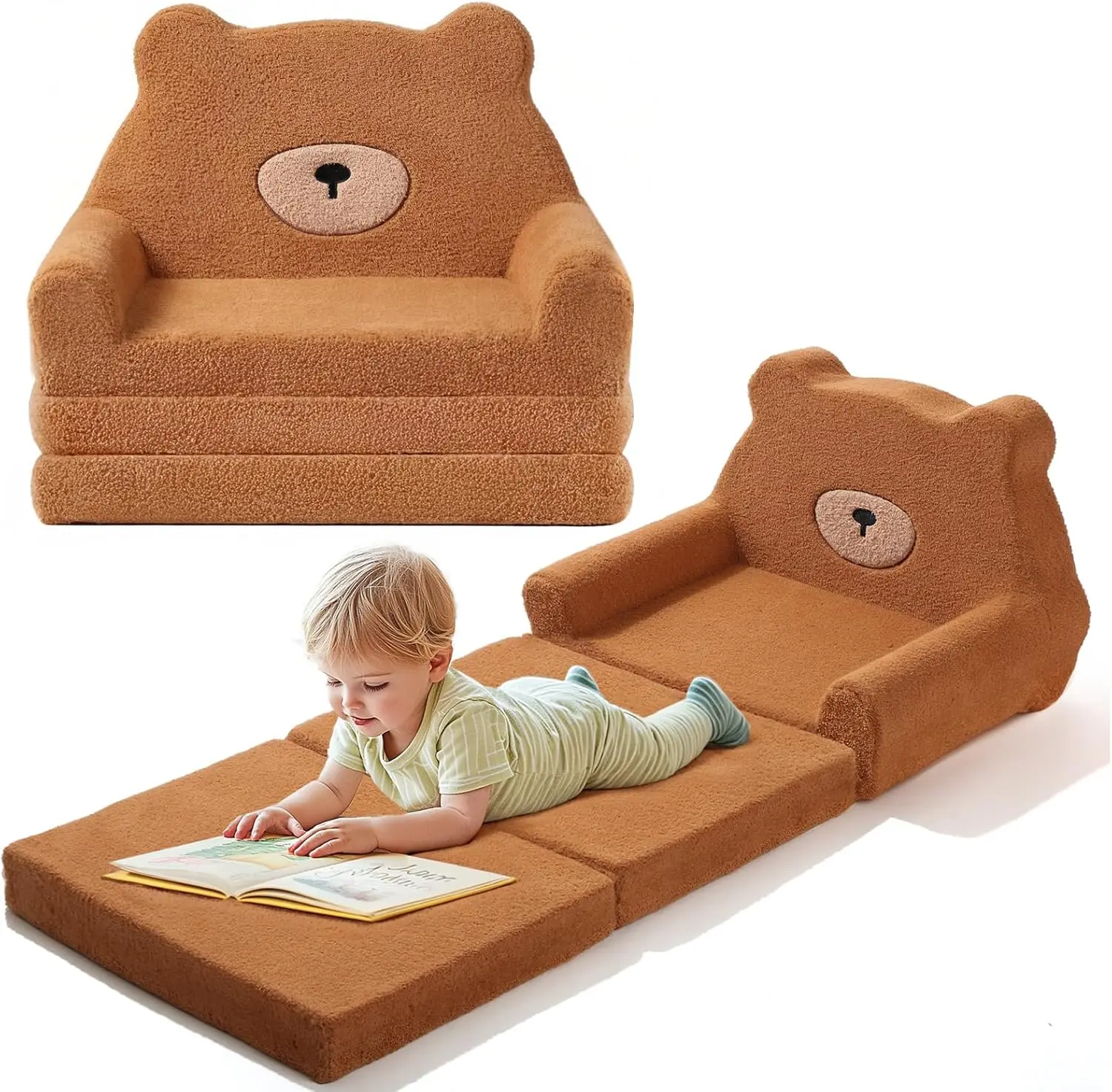 

Extra Wide Soft Toddler Couch Fold Out, 2-in-1 Kids Couch Convertible Sofa to Lounger, Comfy Chair for Playroom, Gift for Boys