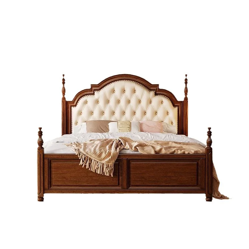 

American solid wood be d retro rustic light luxury 1.8M double bed soft bag master bedroom wedding be d walnut mahogany b ed