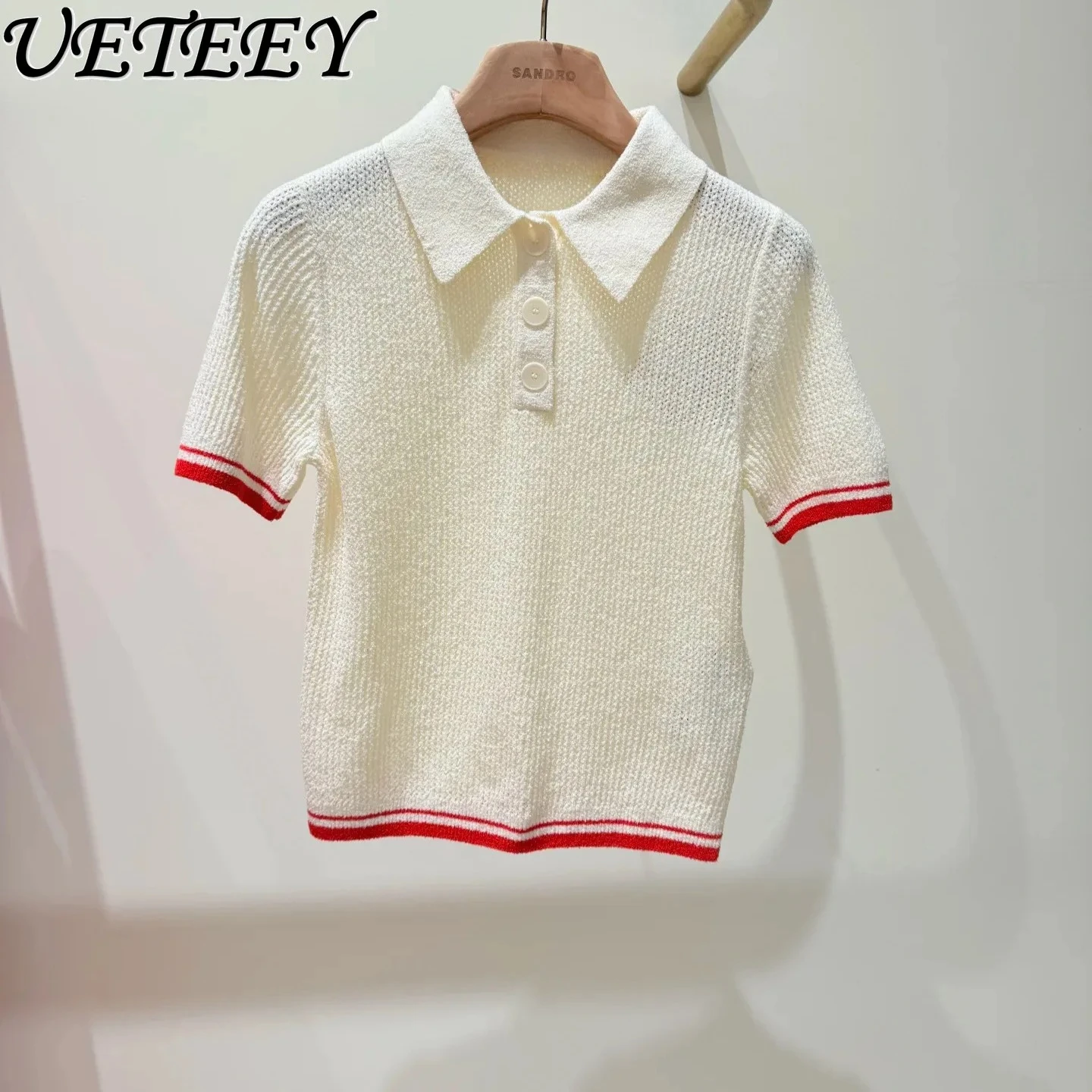 

Summer New French Style POLO Collar Short Sleeve T-shirt Simple Fashion Slimming Top Versatile Knitted Sweater for Women