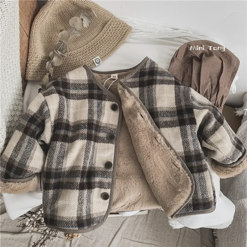 Children's Autumn/Winter Plaid Long Sleeve Jacket New 2023 Fleece-Lined And Thickened Korean Style Cardigan Top For Boys And Gir