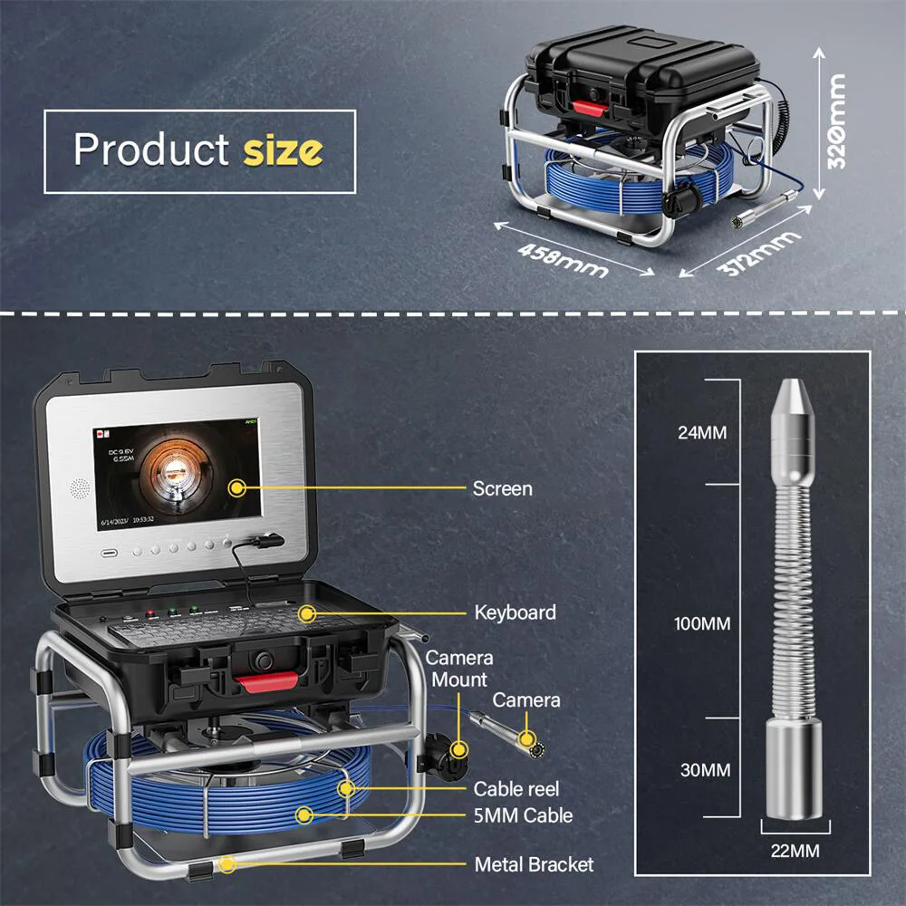 23mm 50m Cable Sewer Pipe Inspection Camera 10 Inch IPS 1080P Screen Self-Leveling 512HZ Locator Video Meter Counter