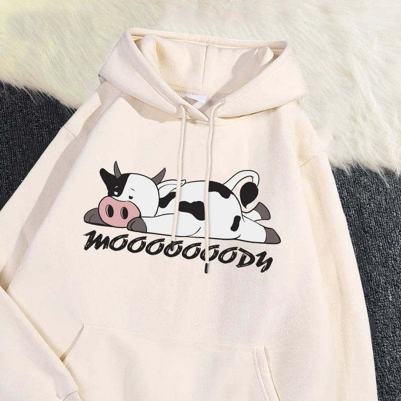 Street Womans Hoodies Kawaii Spotted Cow Printing Sweatshirts Breathable Loose Fleece Warm Pullovers Autumn Winter Sportswear