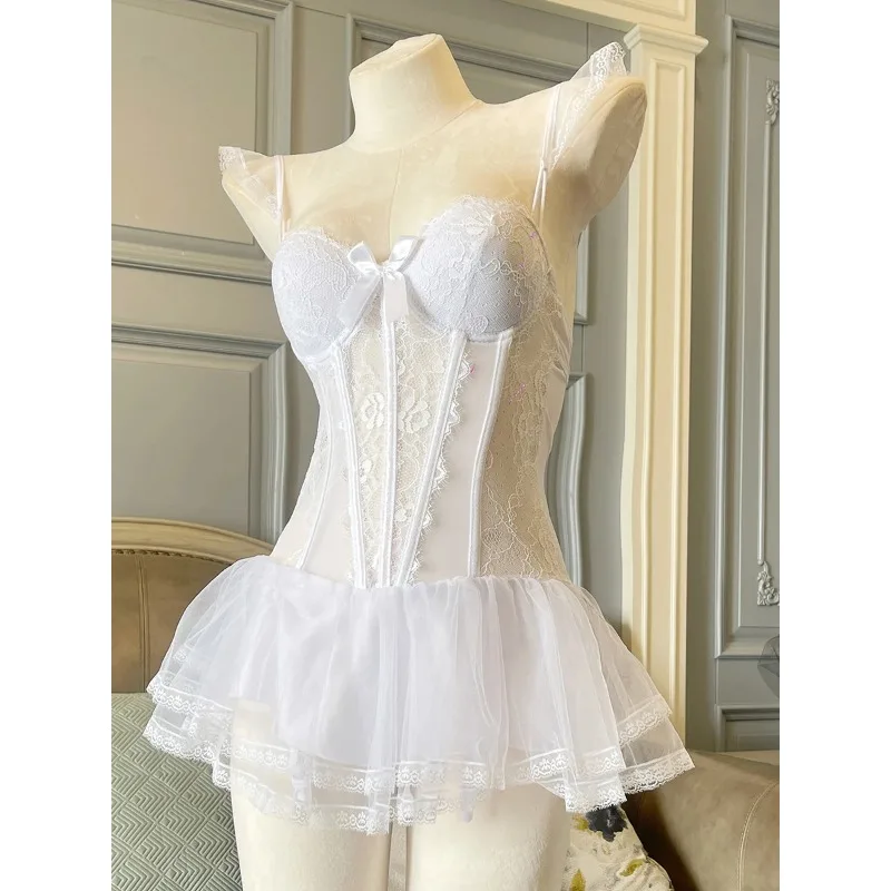 Conjuntos de sujetador y bragas para mujer, corsé de espina de pescado, lencería de encaje con tirantes, pijamas finos de realce con almohadillas para el pecho, ropa interior para adultos