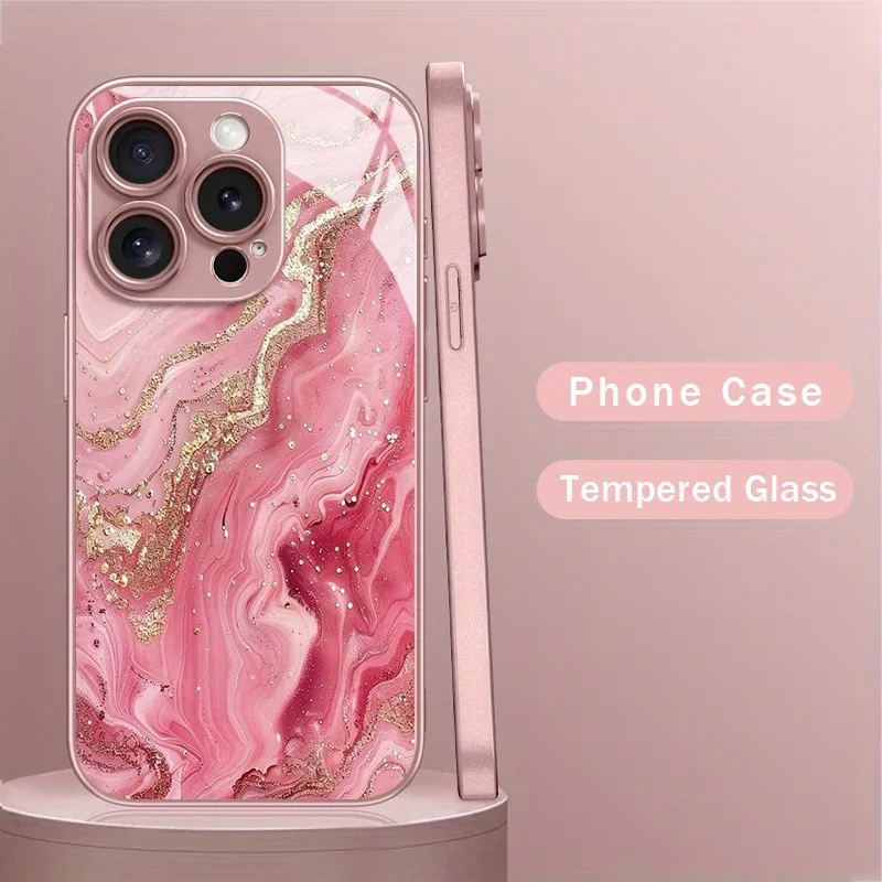 

Pink Gold Marble Metallic Paint Tempered Glass Hard Phone Case For iPhone 17 15 16 11 12 13 14 Pro Max Plus 16E 17Air Cover