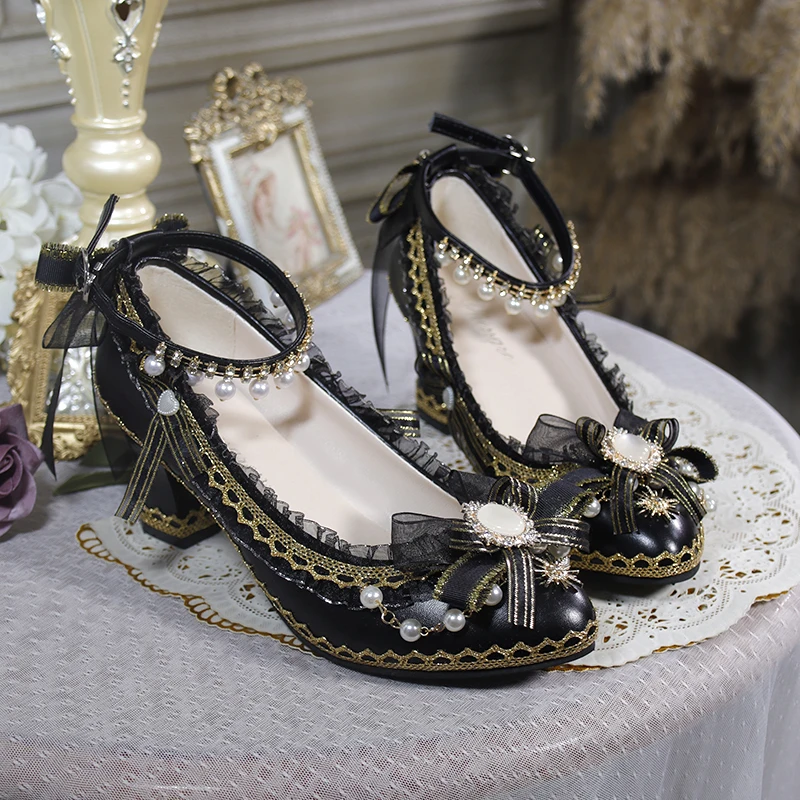 Night Story Cos Lolita Shoes Round Toe Thick Heels Lolita Japanese Lace Versatile Shoes Handmade Flower Wedding Shoes