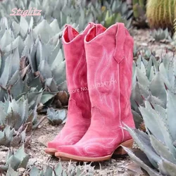 Pink Embroidered Cowboy Boots Solid Round Toe Footwear Flack Suede Mid-calf Boots 2025 Autumn Women's Low Chunky Heel Shoes