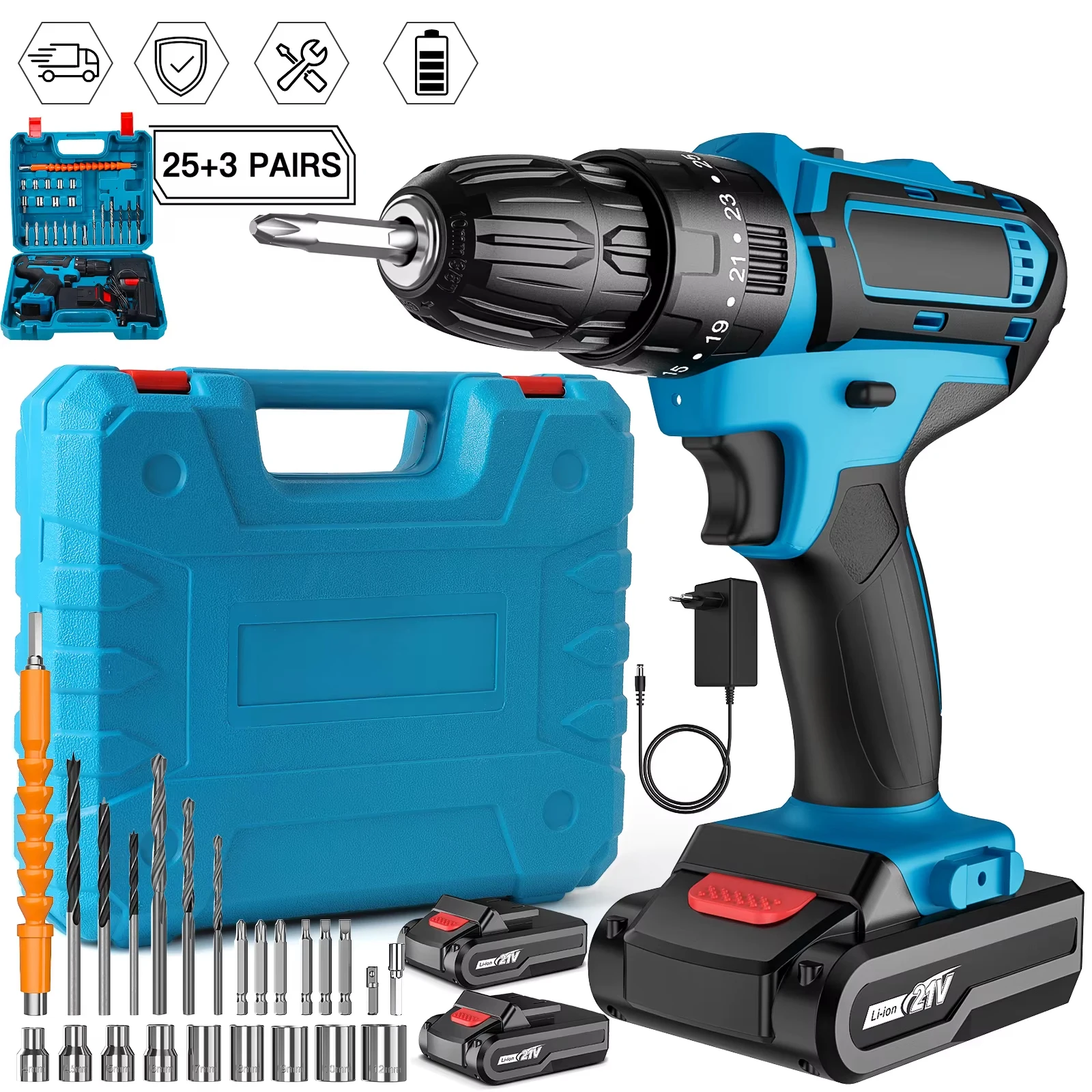 Trapano a percussione senza fili 21V, cacciavite elettrico, trapano a percussione elettrico, mini trapano portatile senza fili, utensili elettrici alimentati a batteria agli ioni di litio.