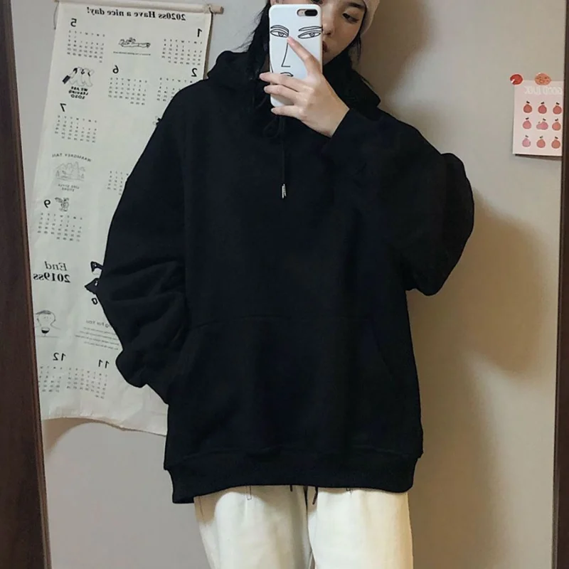 QWEEK Harajuku Oversized Hoodie Women Korean Style White Sweatshirt Preppy Black Pullover Hip Hop Cotton Hooded Streetwear Trend