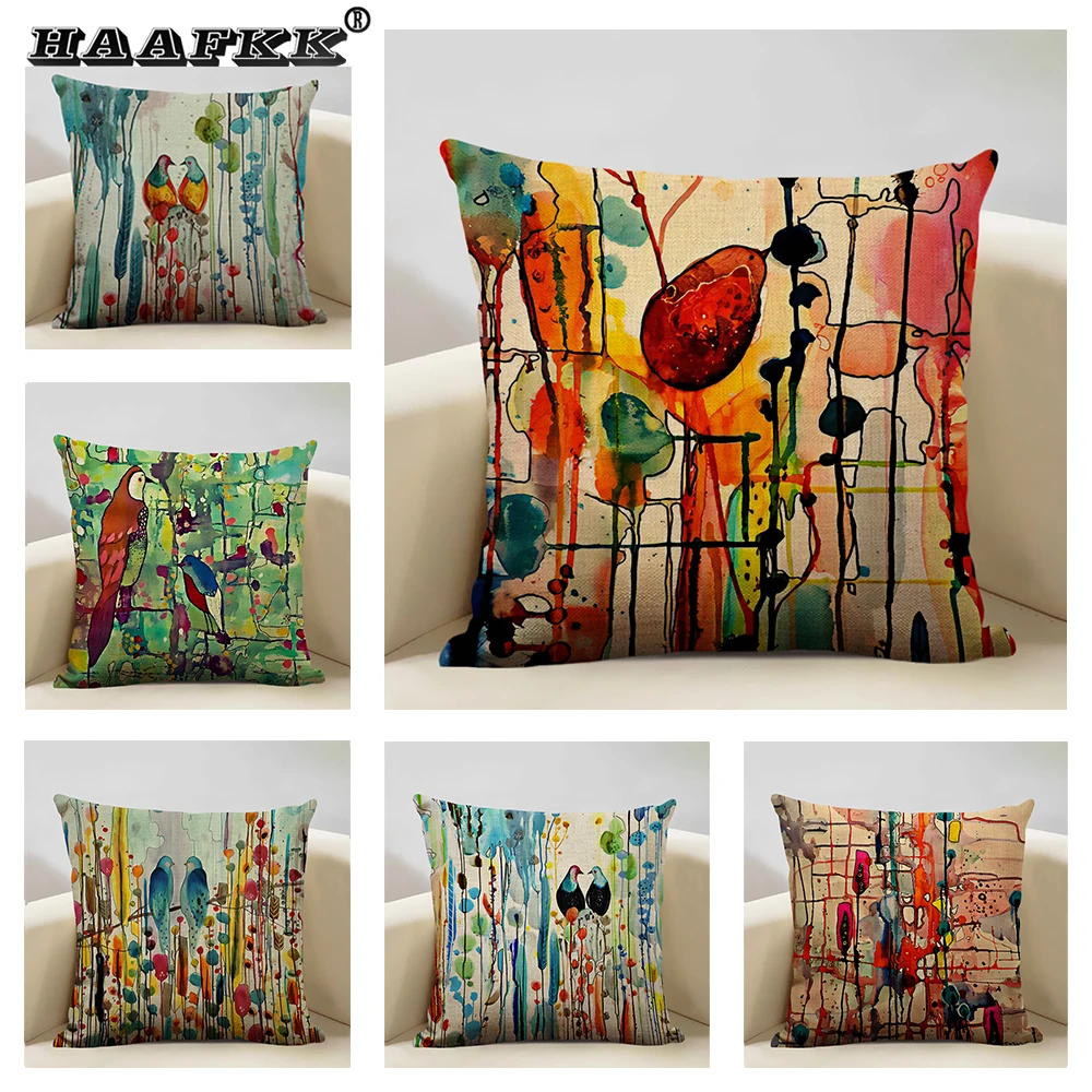 

Household Sofa Pillow Case 45x45cm Linen Pillowcase Hand-painted Watercolor Bird Pattern Cushion Cover Art Home Decor