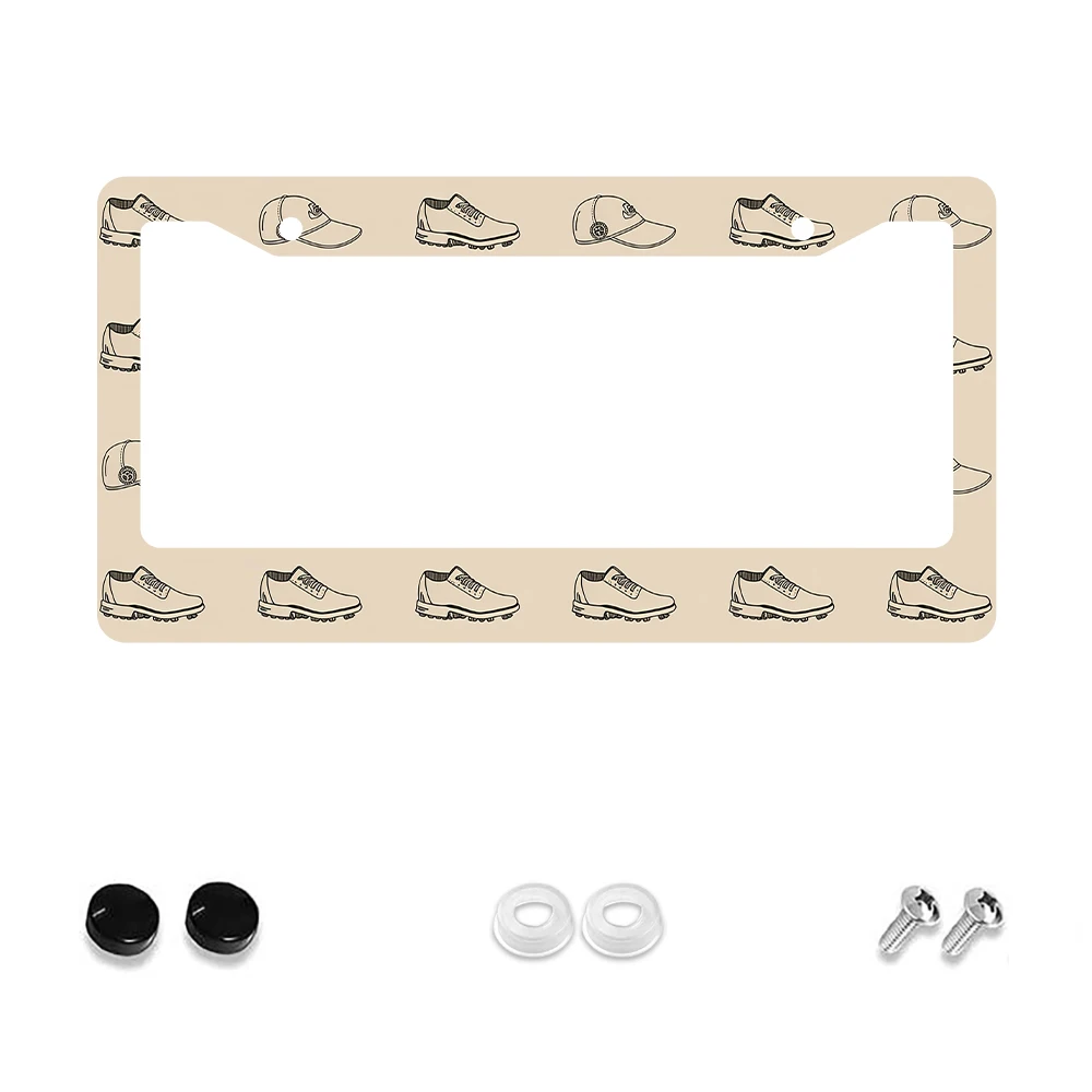 

1pc Beige 2-Hole License Plate Frame with Golf Shoes and Caps Pattern, Aluminum Material, 6x12 Inches, Includes Screw