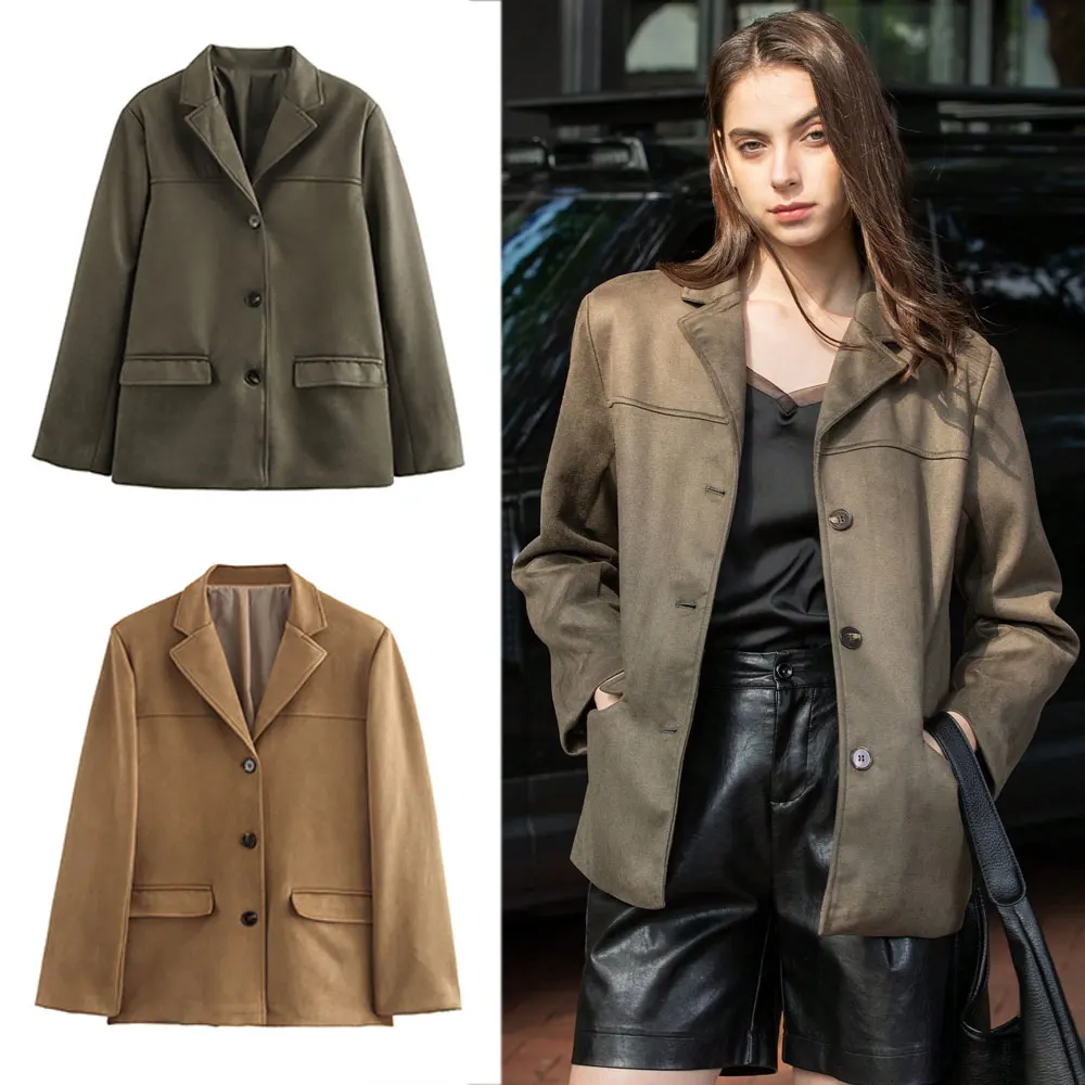 

TRAFZA Women Vintage Solid Suede Blazer Coat Single Breasted Long Sleeve Lapel Jacket With Pockets Casual Office Lady Outerwear