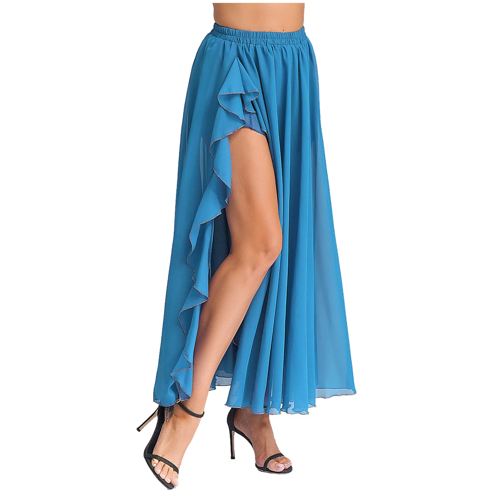 Womens Flowy Chiffon Belly Dance Skirt Elastic Waistband Cascading Ruffles Side Split Swing Skirt Ballroom Lyrical Dance Costume