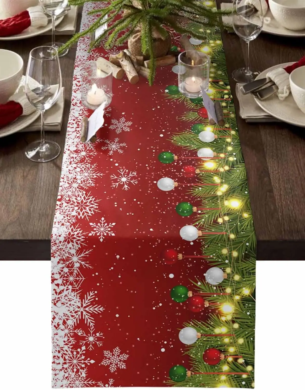 Christmas Balls Snowflakes Table Runner Home Decor Reusable Winter Pine Needle Kitchen Dining Table Runners Christmas Decoration