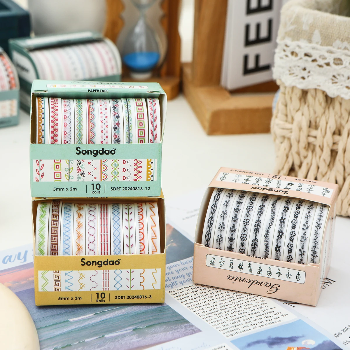 10 Rolls Skinny Washi Tape Set Masking Thin Basic Patterns Decorative Tapes for Arts, DIY Crafts, Journals, Planners, Scrapbook