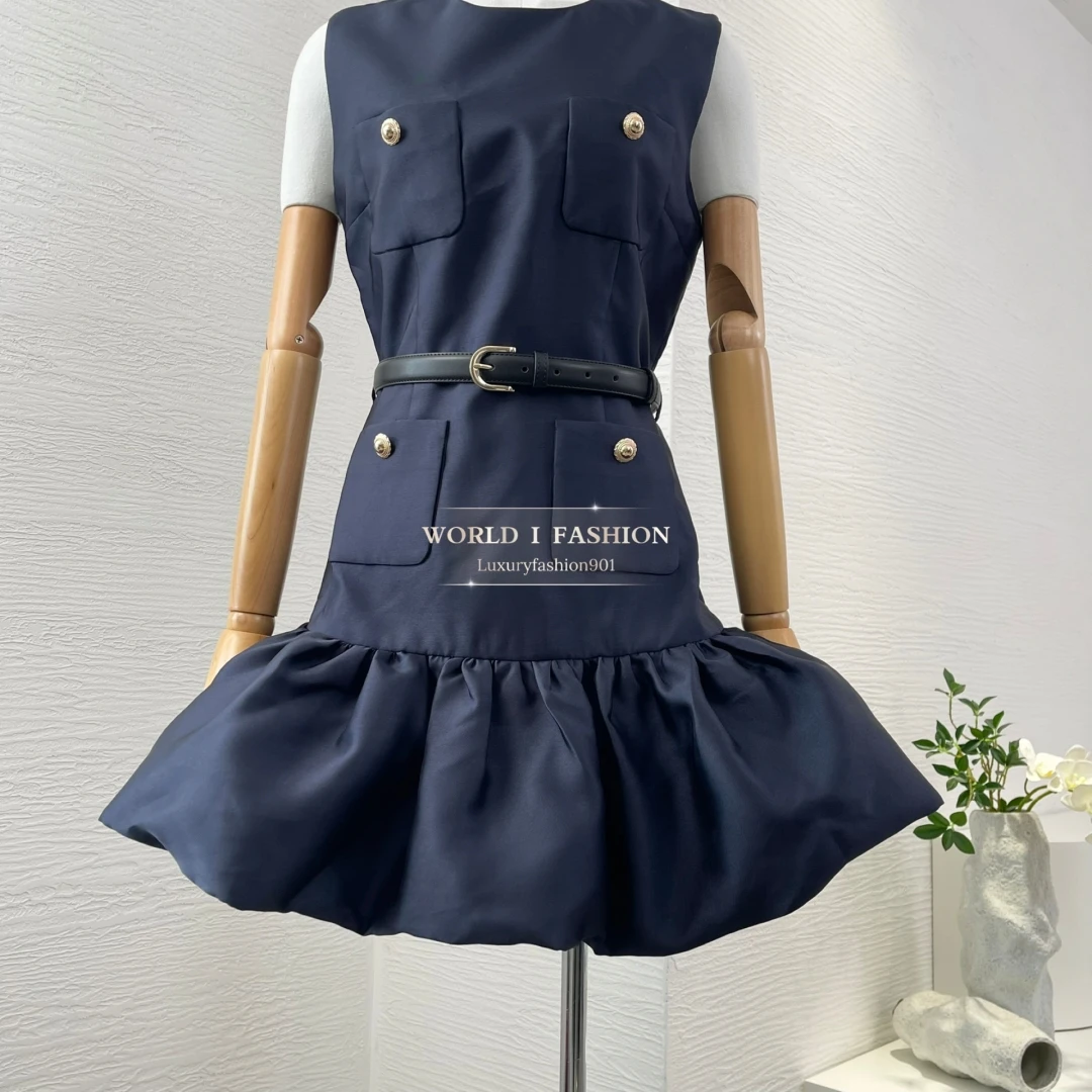 2025 New Navy Blue Sleeveless Pocket Patchwork Floral Bud Mini Dress