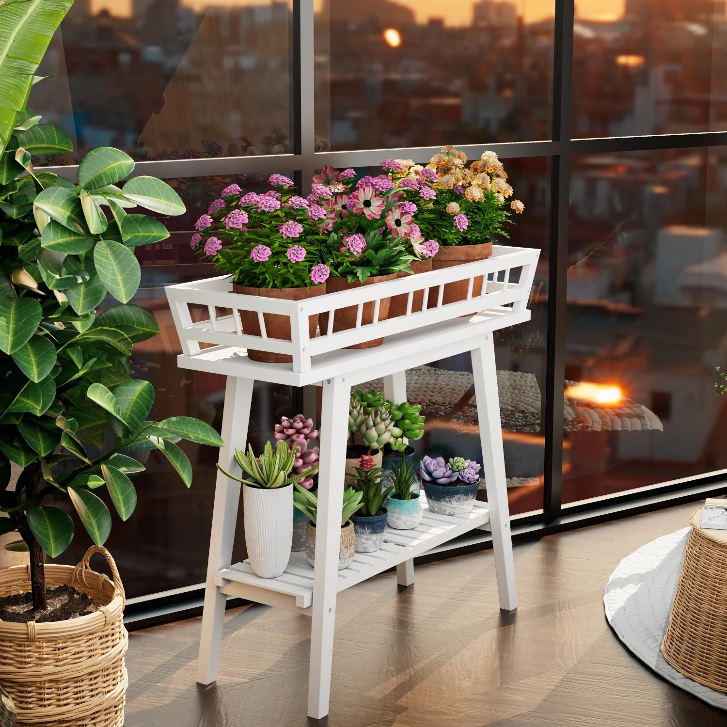 2 Tier Bamboo Plant Stand Garden Plant Shelf Flower Pot Holder for Balcony, Entryway Living Room, White