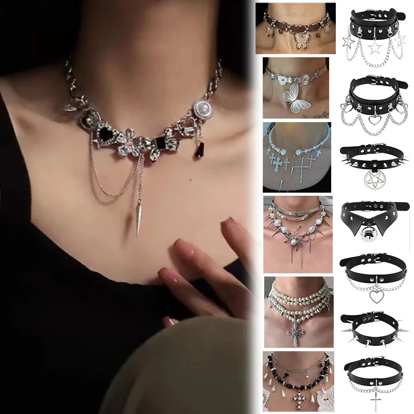 1Pc Goth Y2K Flower Butterfly Punk Spider Pendant Egirl Aesthetic Necklaces Kpop Men Sexy Harajuku Spike Rivet Choker Biżuteria