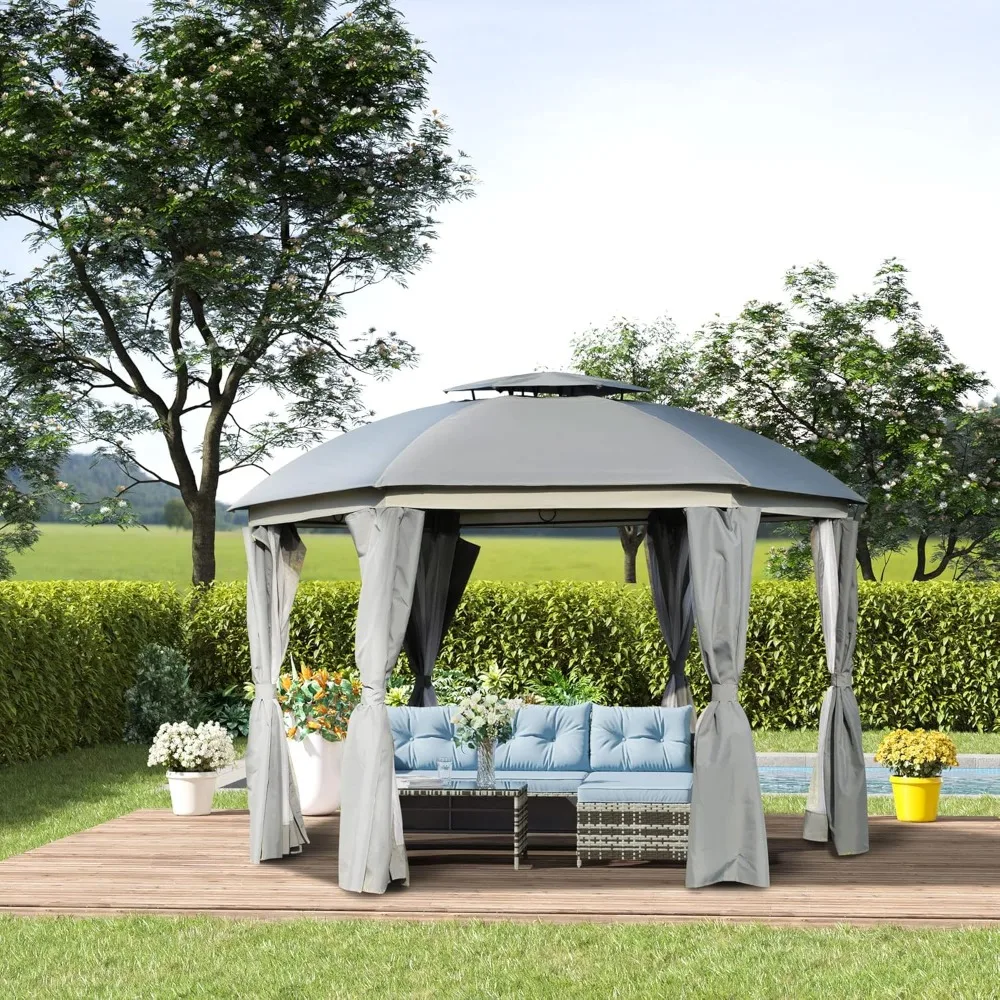 

12' x 12' Round Outdoor Gazebo, Patio Dome Gazebo Canopy Shelter with Double Roof, Netting Sidewalls and Curtains, Customized