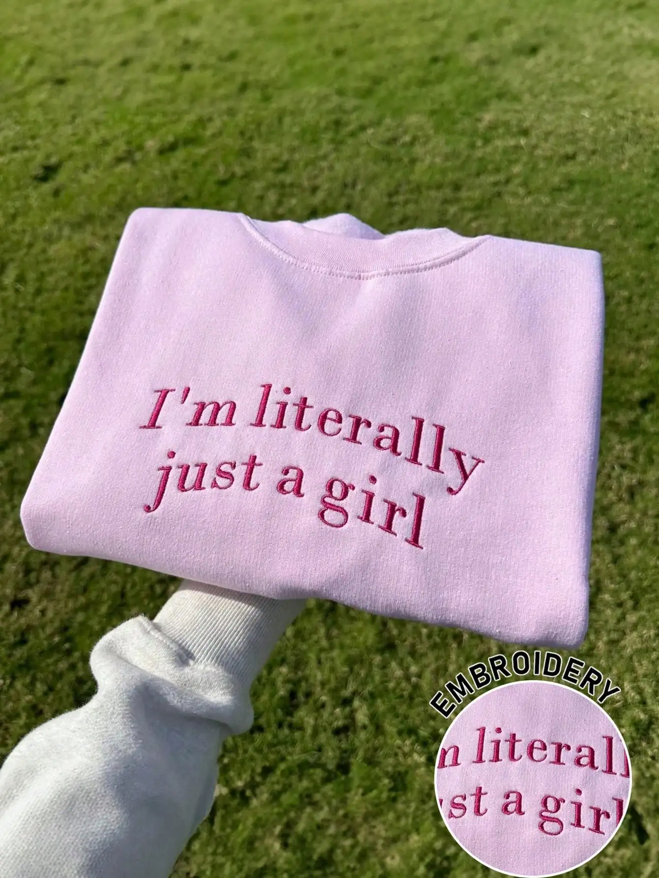 

Women's Embroidered 'I'm Literally Just a Girl' Sweatshirt, Casual Fall Pullover, Pink