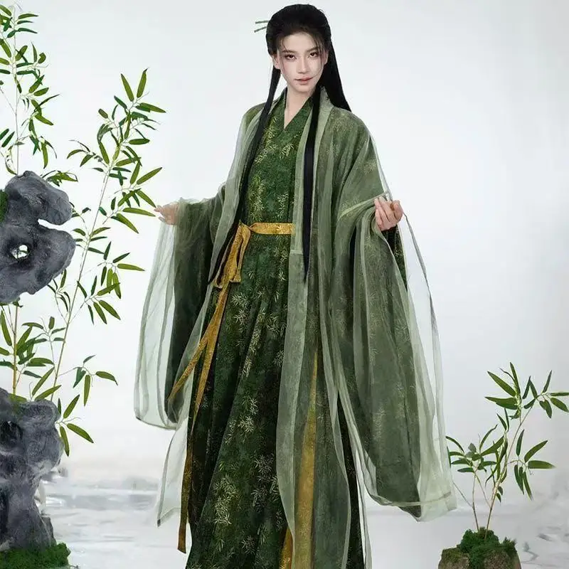 

Vintage Bamboo Leaves Printing Hanfu Men Women Traditional Chinese Cross Collar Costume Halloween Fairy Martial Cosplay Clothing