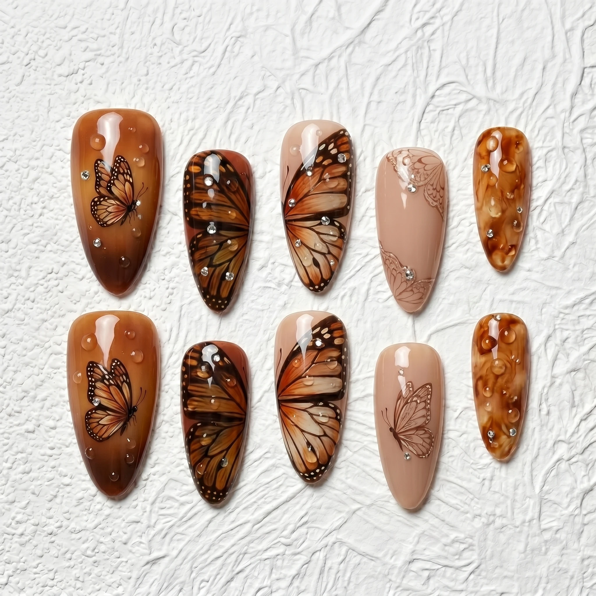 Artisan Handcrafted 10PCS Romantic Almond Press-On Nails | Butterfly Wings, Rhinestones, Glazed Finish, Date Night & Holiday
