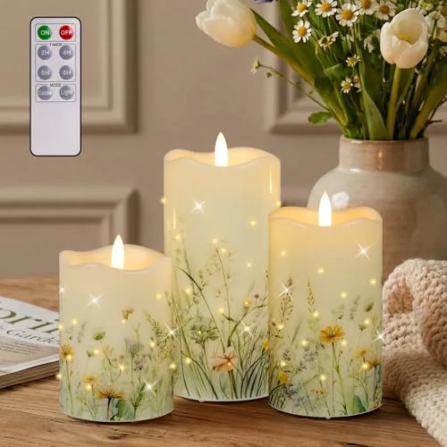 

Flameless Candles, Battery Operated Floral Candles with Remote, Fiber Optic Flameless Pillar Candles Set of 3 for Spring Decora